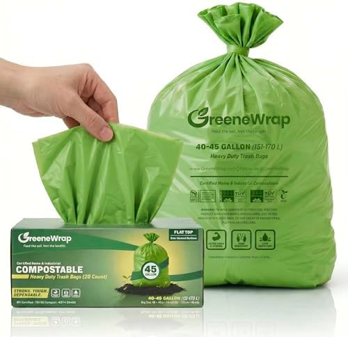 40-45 Gallon Compostable Trash Bags with Flat Top, 20 Count, Heavy Duty 1.6 Mil, Large Commercial Industrial Outdoor Contractor Bags, BPI Certified, ASTM D6400, Fits 40 45 Gal