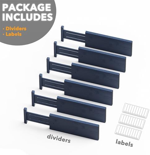 SpaceAid Bamboo Dresser Drawer Dividers 6 Pack, 4.65“ High Adjustable 12.5“-17” Drawer Organizers, Expandable Organization for Clothing, Clothes, Dressers, Navy Blue