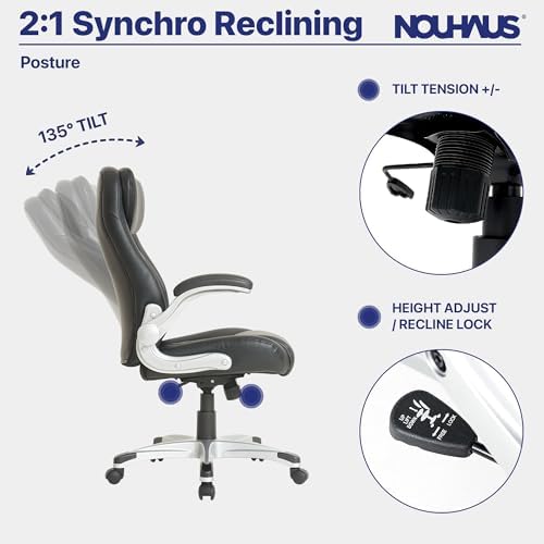 Nouhaus +Posture Ergonomic PU Leather Office Chair. Click5 Lumbar Support with FlipAdjust Armrests. Modern Executive Chair and Computer Desk Chair (Black)