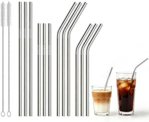 12 Pack Reusable Stainless Steel Metal Drinking Straws: 3 Bent + 3 Straight 8.5 in and 3 Bent + 3 Straight 10.5 in, Includes 2 Cleaning Brushes, Fits 20-30 oz Tumblers, Dishwasher Safe