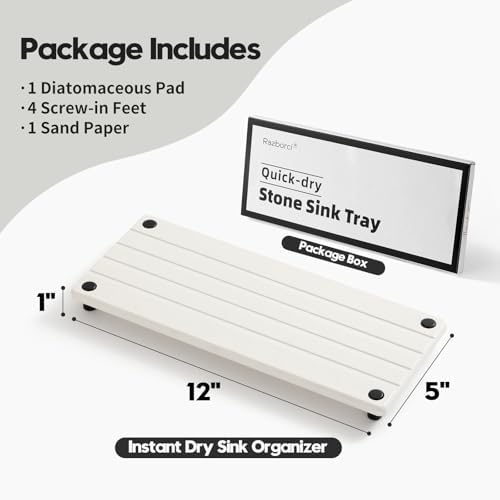 Razborci Instant Dry Sink Caddy Kitchen Sink Organizer, Quick Drying Stone Tray Diatomite Sponge Holder Soap Dish, Bathroom Countertop Fast Dry Water Absorbing Vanity Rack, White, 12" x 5"