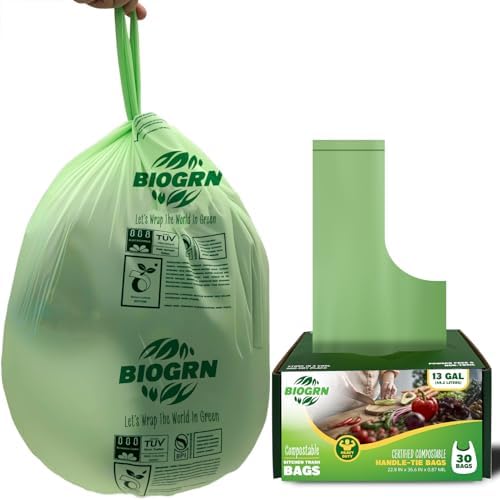 10-13 Gallon Compostable Trash Bags with Handles Tie 30 Bags Biodegradable Garbage Bags Food Scrap Green Waste Bags Thick 0.87 Mil 49.21 Liter ASTM D6400, US BPI and OK Compost Home Certified