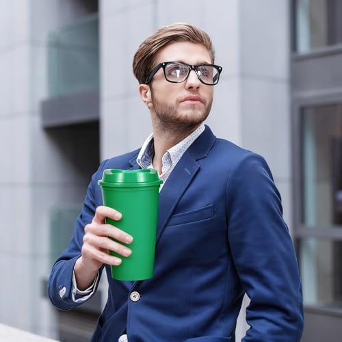16oz Reusable Plastic Coffee Cups with Lids, 13 Pack, Green