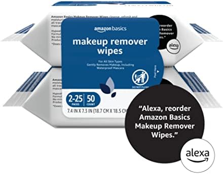 Amazon Basics Makeup Remover Wipes, Gentle Cleansing, Dermatologist Tested, pH-Balanced, Plant Based, Alcohol-Free, Removes Waterproof Mascara, 25 Count, 2-Pack