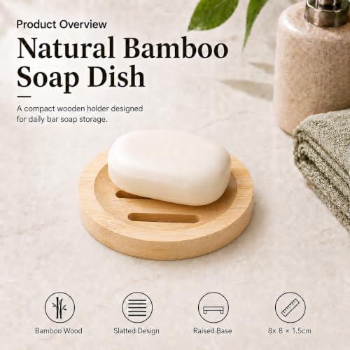 Bamboo Soap Dish for Bar Soap, Raised Wooden Holder with Drain Slots，Round Bamboo Soap Dish