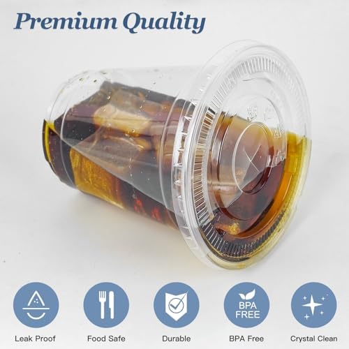 Charmount 50 Sets- 12 oz Clear Plastic Cups with Lids and Straws