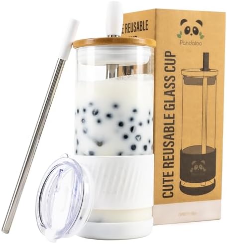 Pandaloo® Glass Cups With Lids and Straws -20 Fl Oz- Perfect Size Iced Coffee Cup - Smoothie Cup With Bamboo Lid and On the go Lid - Glass Tumbler With Straw (1 Count (Pack of 1), Coton White)
