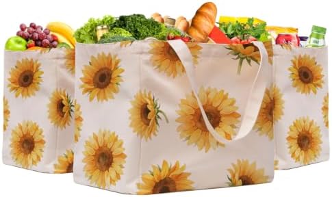 Aesthetic Canvas Reusable Grocery Bags Heavy Duty, 8.3 gal Foldable Large Tote Bag with Handles, Holds 60 lbs & Washable Eco-friendly Bags with 5 Pockets, Beige with a print 3 Bags