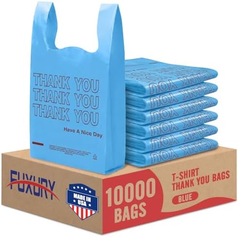 Fuxury 10000 (10K) Count Blue Plastic Thank You Bags 11.5 x 6.5 x 21, Grocery, Take Out, To Go, Retail Shopping T-shirt Bags in Bulk (Made in USA)