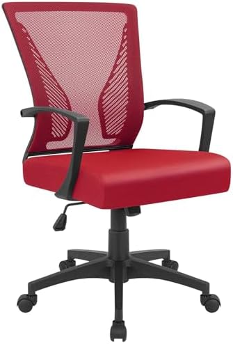 Furmax Office Chair Ergonomic Computer Desk Mesh Chair Mid Back Swivel Lumbar Support with Armrest (1, Red)