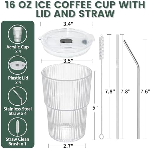 HIGIINC Iced Coffee Cups With Lids and Straws 4 Pcs, 16 OZ Unbreakable Glasses Drinking Set,Clear Plastic Cups Reusable Iced Coffee Tumbler with Lid and Straw, To Go Coffee Cups Dishwasher Safe