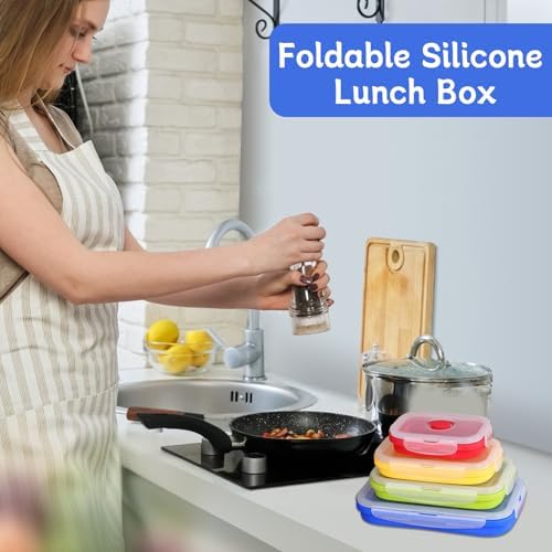 4 Collapsible Food Storage Containers, Silicone Food Storage Containers with Plastic Airtight Lids, Collapsible Storage Containers for Food Camping, Microwave Dishwasher Freezer Safe