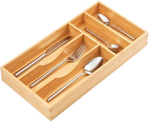 Umilife Bamboo Kitchen Drawer Organizer, 8 Inch Silverware Utensils Tray Holder for Small Drawer, Wood Caddy for Flatware Cutlery Knives