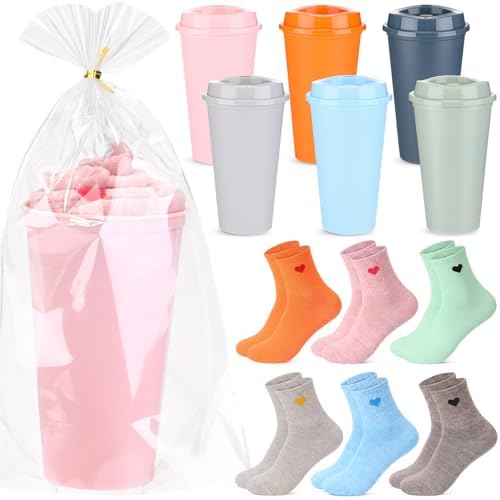 Hushee 6 Pcs Reusable Coffee Cups with Lids Bulk and 6 Pcs Women's Heart Socks 16 oz Travel Mug Plastic Tumblers for Birthday Holiday Gifts Party Favors (Pink)