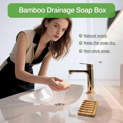 Self-Draining Bamboo Soap Dish – Natural One-Piece Soap Saver for Shower, Bathroom, Kitchen Sink, and Bathtub with Anti-Slip Design