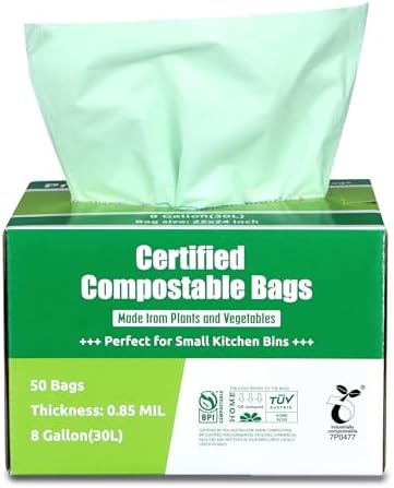 Compostable Bags, 8 Gallon (30L) Food Scraps Yard Waste Bags, Extra Thick 0.85 Mil. ASTM D6400 Compost Bags Small Kitchen Trash Bags, Certified by BPI & TÜV AUSTRIA (50 Count)
