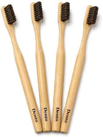 Dento Bamboo Toothbrush 4 Pack, Natural Horsehair Bristles, Soft