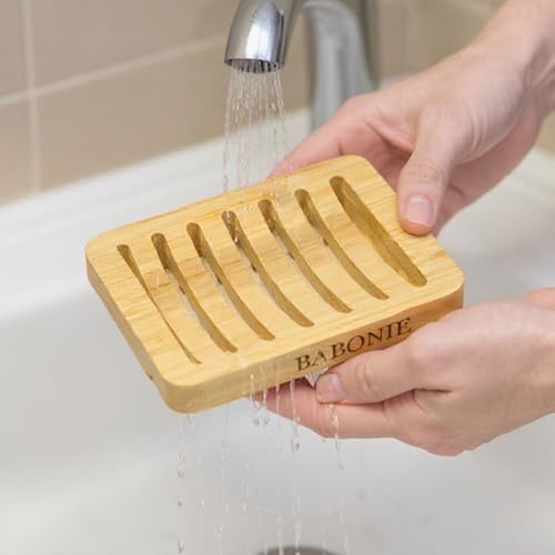 Bar Soap Holder, 2 Pack Self Draining Bamboo Sponge Holder - Curved Surface Slotted Soap Dish for Shower, Bathroom, Bathtub, Sink, RV, Packed in A Case(Bamboo Style)