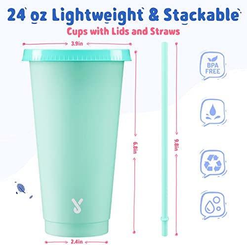 Meoky Plastic Color Changing Cups - 12 Pack 24 oz, Reusable with Lids and Straws for Adults, Kids, Parties, Cute Cold Cups for Iced Coffee