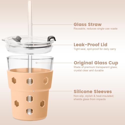 Mrsdry 12oz Iced Coffee Cup with Lids and Straws, BPA Free Reusable Glass Coffee Cups with Silicone Sleeves for Coffee, Iced tea, Thick Wall Glass Cup