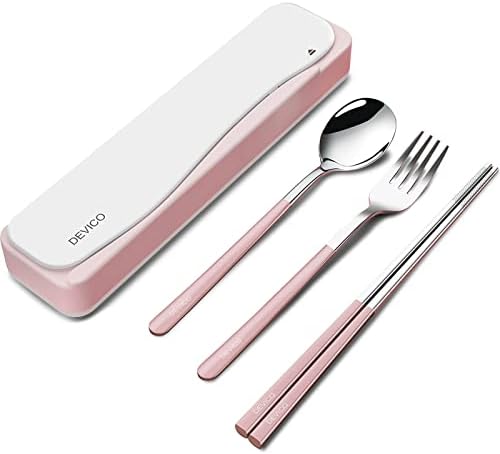 DEVICO Travel Utensils with Case, 4Pcs Portable Silverware Set for Work, 18/8 Stainless Steel Reusable Cutlery, Korean Spoon and Chopsticks Fork for Camping, School, Lunch Box Accessories (Pink)