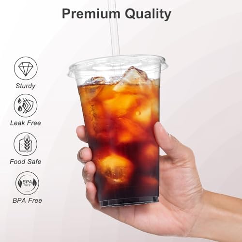 Dealusy 100 Pack - 20 oz Clear Plastic Cups with Lids and Straws