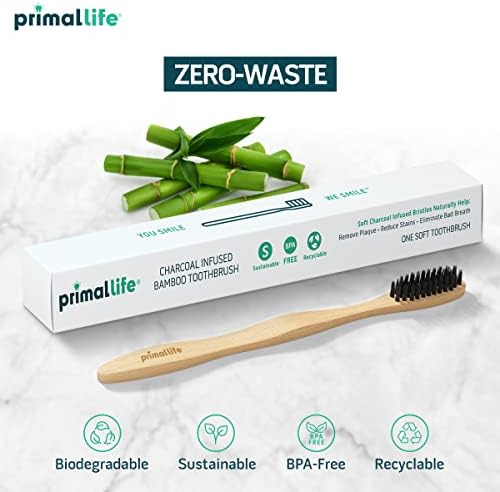 Primal Life Organics - Charcoal Toothbrush, Made with Charcoal & Bamboo, Biodegradable, BPA-Free, Perfect for Kids & Adults, Recyclable, Gently Massages Gums & Teeth, Zero Waste Toothbrush, (2-Pack)