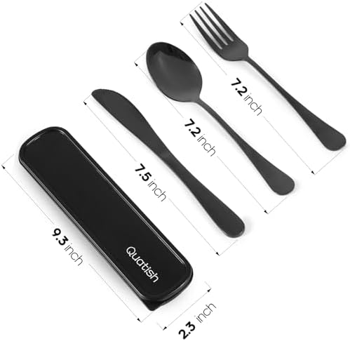 Quatish Travel Utensils with Case, Stainless Steel Cutlery Set, Black