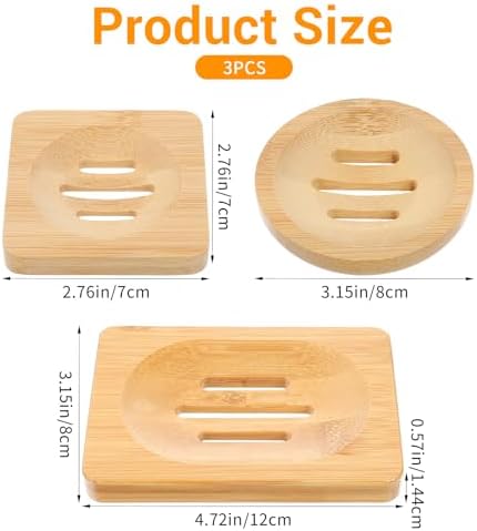 3PCS Bamboo Soap Holder Wooden Soap Dishes for Bathroom, Natural Soaps Dish Self-Draining Bar Soaps Holder Set (Round, Square, Rectangle) for Shower, Sink, Bathtub, and Home Accessories
