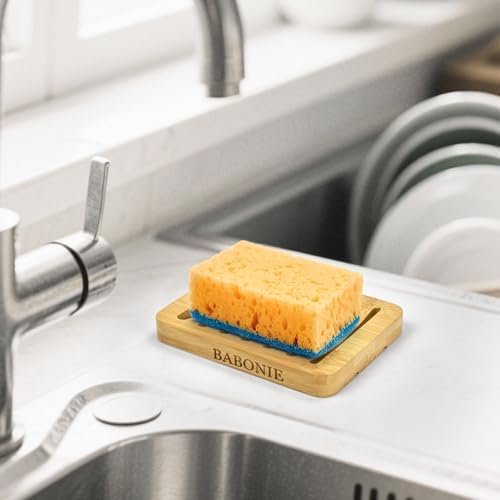 Bar Soap Holder, 2 Pack Self Draining Bamboo Sponge Holder - Curved Surface Slotted Soap Dish for Shower, Bathroom, Bathtub, Sink, RV, Packed in A Case(Bamboo Style)