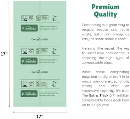 Compost Bags, Compostable Trash Bags 2.6 Gallon Compostable Bags, Small Compost Bags for Countertop bin Extra Thick 0.71 Mil. ASTM D6400 Certified By BPI and TÜV AUSTRIA (2.6 Gallon, 200 Units)