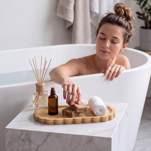 Scalloped Bamboo Soap Dispenser Tray Bathroom Rustic Decor Bamboo Countertop Tray Scalloped Soap Dish Jewelry Holder Vanity Bathtub Organizer for Bathroom Kitchen Home Decor(7'',Oval)