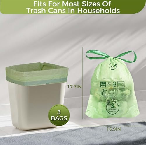 3 Gallon Compostable Trash Bags Drawstring, Heavy Duty Extra Thick 1 Mil, 11.36 Liter, 50 Bags, Small Kitchen Food Scrap Waste Bag, ASTM D6400, US BPI and OK Compost Home