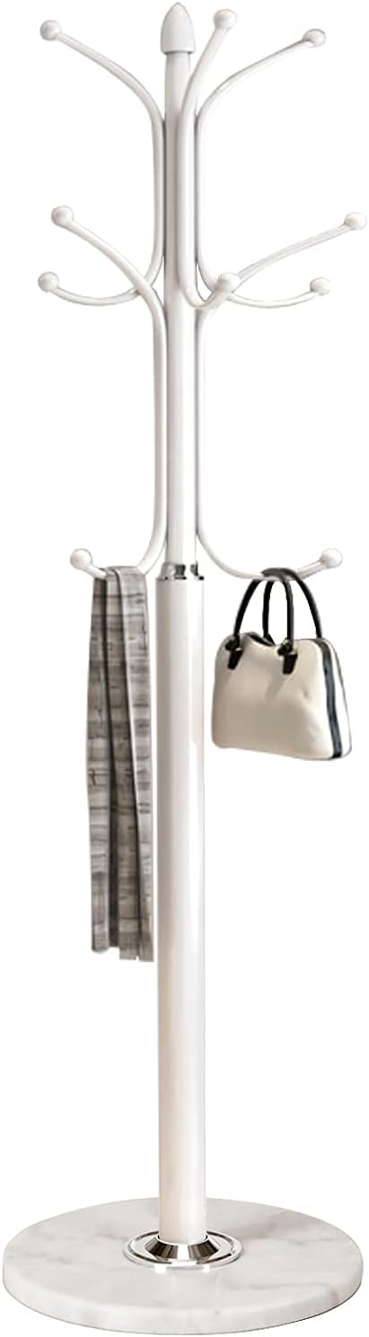 Kertnic Metal Coat Rack Stand with Natural Marble Base, Free Standing Hall Tree with 12 Hooks for Hanging Scarf, Bag, Jacket, Home Entry-way Hat Hanger Organizer (White)
