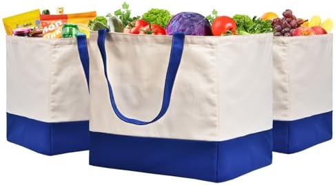 3 Pack Canvas Reusable Grocery Bags Heavy Duty, 8.3 gal Foldable Large Tote Bag with Handles, Holds 60 lbs Canvas Shopping Bags & Washable Eco-friendly Bags with 5 Pockets, Blue+Off White