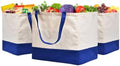 3 Pack Canvas Reusable Grocery Bags Heavy Duty, 8.3 gal Foldable Large Tote Bag with Handles, Holds 60 lbs Canvas Shopping Bags & Washable Eco-friendly Bags with 5 Pockets, Blue+Off White