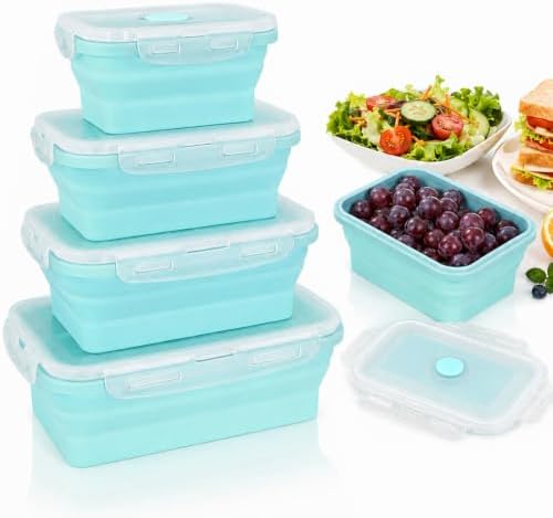4Pcs Collapsible Food Storage Containers with Lid,Blue Square,4Size
