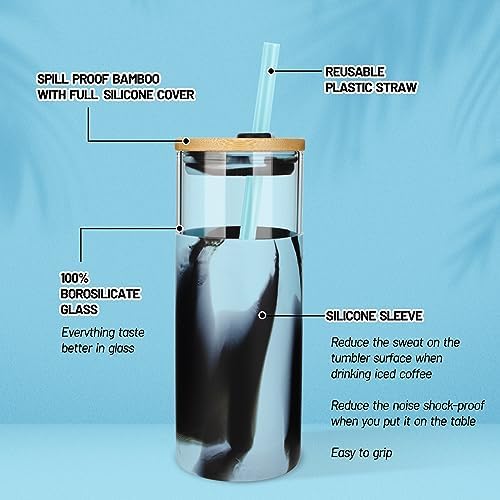 Tronco 20 oz Glass Tumbler with Lids and Straws, Reusable Iced Coffee Cups