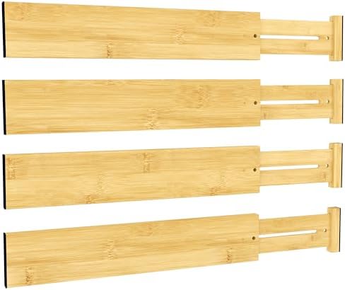 BAMEOS Bamboo Expandable Drawer Dividers – Fits 16.65"–22" Drawers, 3" Deep Walls, Set of 4 | Taller Spring-Loaded Separator Keeps Items Upright in Kitchen & Dresser Drawers