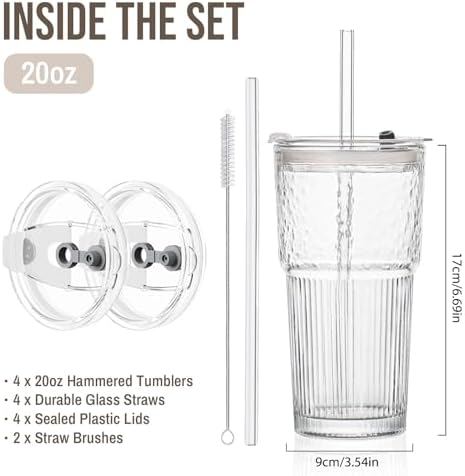 SoulTimes 20oz Wave Ribbed & Wavy Glass Tumbler with Lid and Straw – Iced Coffee Glasses Cups for Smoothie, Matcha, Juice, Water etc. Leakproof and Reusable Glassware Drinking for Travel To Go [4 Pcs]