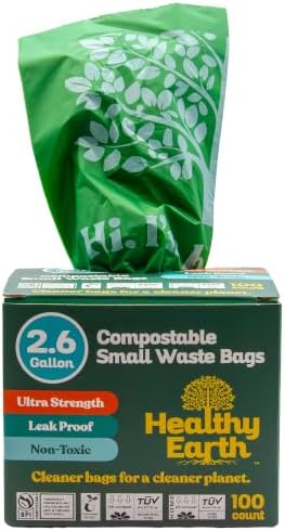 Healthy Earth 2.6 Gallon Compostable Trash Bags – 100 Count Small Trash & Kitchen Compost Bags for Countertop Bins, Extra Thick Plant-Based Food Scrap Liners, BPI & TÜV Certified ASTM D6400