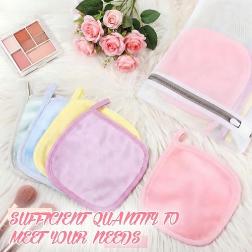 VitalCozy 10 Pack Makeup Remover Cloths, Makeup Remover Towels Reusable Face Cloth Eraser for Washing Face Microfiber Washcloth for Women Cleansing Just Water with Mesh Bag (Pastel Colors)
