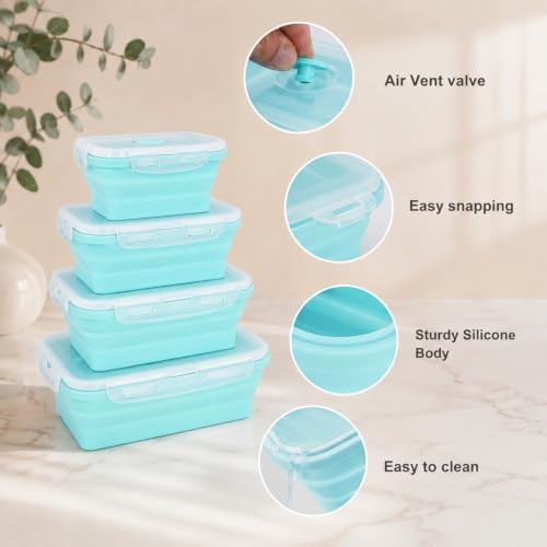 4Pcs Collapsible Food Storage Containers with Lid,Blue Square,4Size