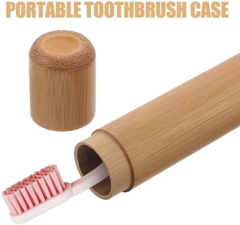 Bamboo Toothbrush Case Portable Travel Holder Round Tube Toothbrush Storage Box Lightweight for Hiking Camping Fits Standard Size Toothbrushes 2 Pack