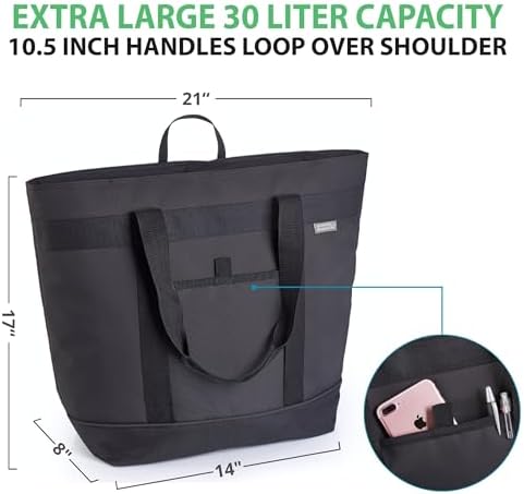 Jumbo Insulated Cooler Bag - Heavy Duty Soft Insulated Grocery Bag (Black)