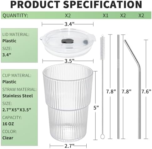 Iced Coffee Cups with Lids and Straws Set of 2, 16 Oz Unbreakable Plastic Drinking Cups Reusable Iced Coffee Cup to Go for Iced Tea,Juice, Water,BPA Free, Dishwasher Safe