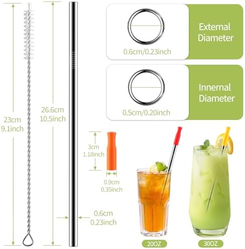 Stainless Steel Metal Straws with Silicone Tips Set of 10 Straight Reusable Drinking Straws for 20oz 30oz Tumblers (10.5'' L 0.24''Dia Staw + 2 Brushes)