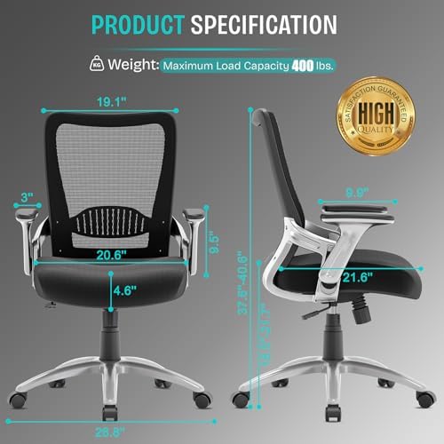 SUNNOW Office Chair, Ergonomic Computer Desk Chair, Sturdy Executive Task Chair - Adjustable Lumbar Support, Flip-up Arms, Tilt Function, Comfy Wide Seat, Swivel Mesh Home Office Desk Chairs (Black)