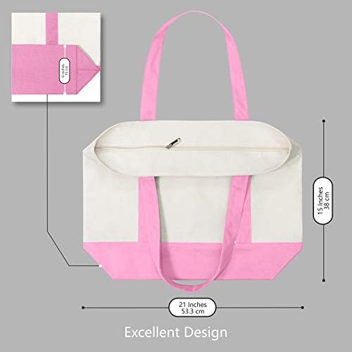TOPDesign 30-Pack Canvas Tote Bags with an External Pocket, Reusable Grocery Shopping Bags, Top Zipper Closure, Daily Essentials (Pink/Natural)