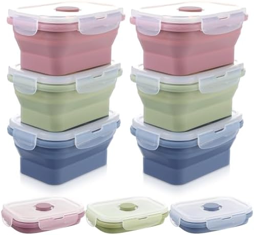 6 Pcs Silicone Food Containers 11.8 oz Collapsible Storage Containers with Airtight Lids Stacking Meal Prep Lunch Leftover Food fruits Storage Foldable Box for Freezer Microwave Dishwasher Safe